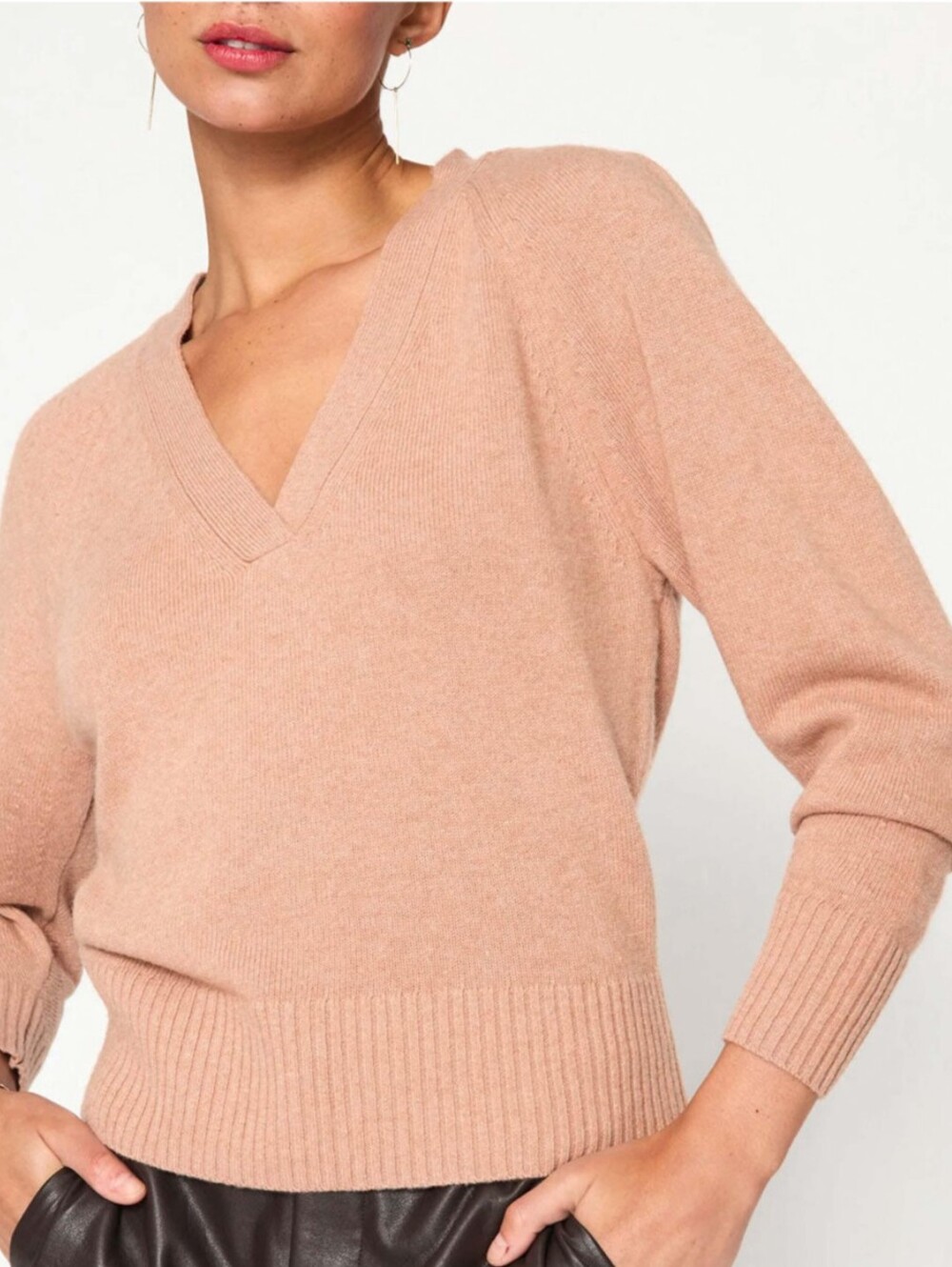 Brochu Walker Sweater Womens XS Beige Wool Cashmere V Neck Balloon Sleeve Knit